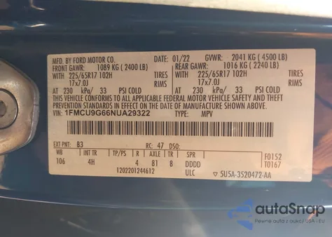 2022 Ford Escape Se z USA, uszkodzony, nr VIN 1FMCU9G66NUA29322